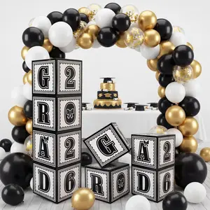 Black Bow 2026 Graduation Decoration Set of 4 Grad 2026 Balloon Boxes with 144 Pcs Black Gold Balloon Arch Kits for College Graduation Decorations Photo Backdrop Middle High School