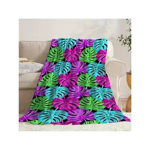 Vibrant Colorful Monstera Leaf Pattern Throw Blanket on Black Background