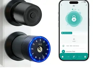 Biometric Fingerprint   Handle Matte Black Round Ball Doorknob Smart 4-in-1 Keyless Entry Tuya App Control for Homes Apartments Offices  bedroom hotel motion detection lever stainless steel In-Swinging   door knob child safety lock inside double locker