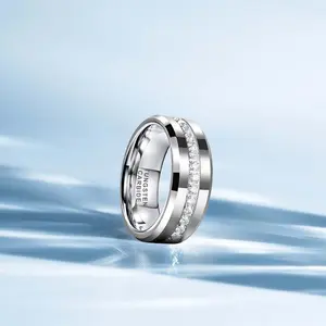 Yonifu 8mm Tungsten Carbide Wedding Ring for Men – Silver or Gold Polished Band with CZ Diamond Inlay, Scratch Resistant Comfort Fit Anniversary Gift