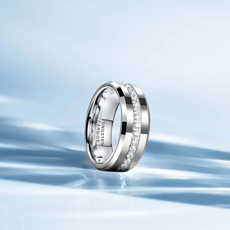 Yonifu Ring for Men, 8mm Durable Tungsten Carbide Band in Silver or Gold, Polished Diamond Set with Cubic Zirconia, Comfort Fit, Cubic Zirconia Rings, Tungsten Rings