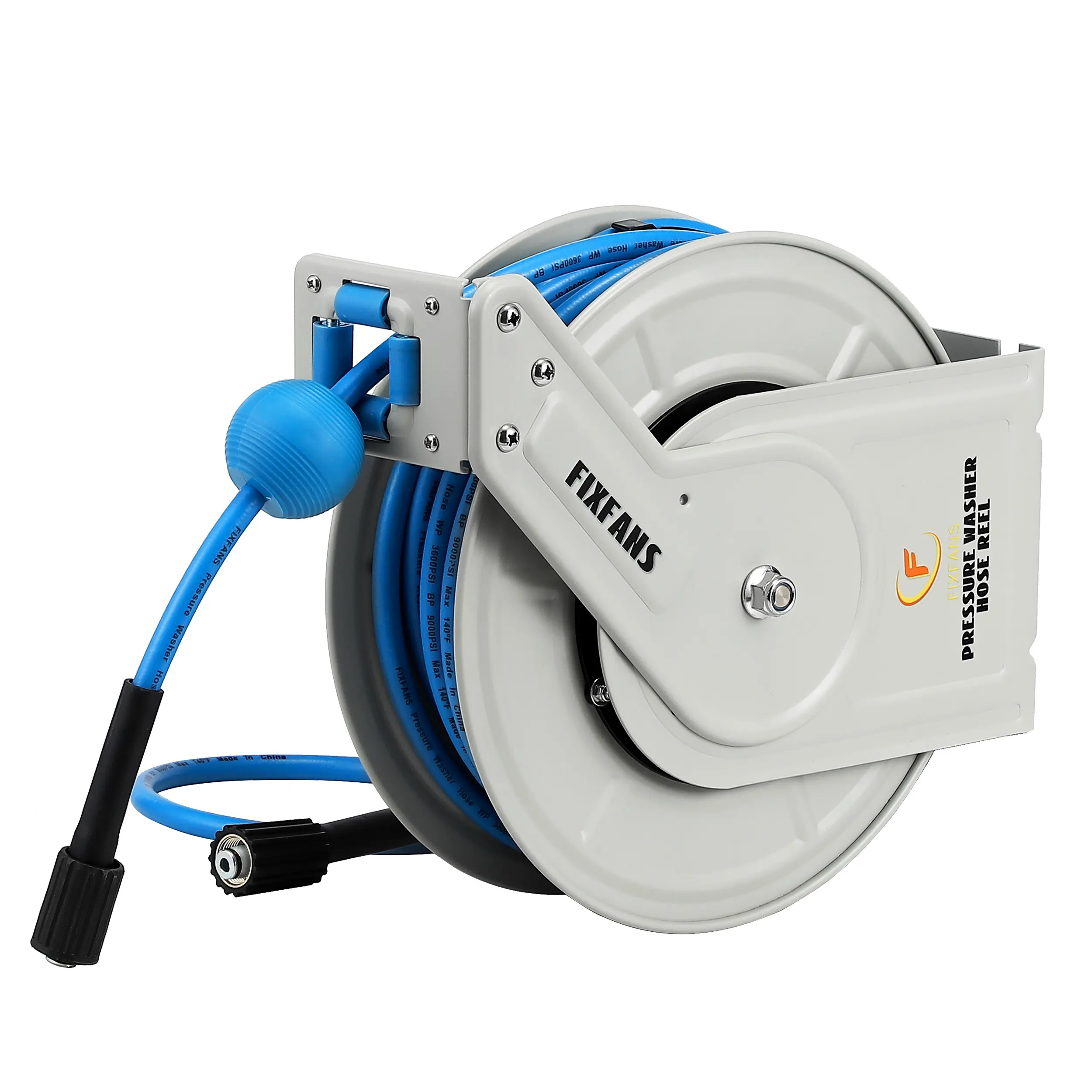 FIXFANS Wall Mounted Water Hose Reel, 1/4"×60ft Flexible High Pressure Hose (3600 PSI) for Power Washer, Heavy Duty Unit with Auto-Rewind Feature, Flexible Water Hose