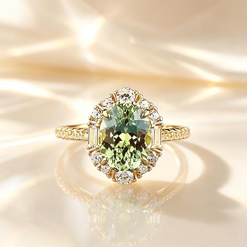 S925 Silver-18K Gold Plated Green Oval Tourmaline Ring (7x9mm) with Zircon Accents, Light Luxury Fashion Jewelry, Ideal Graduation or Birthday Gift