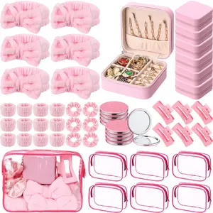 48 Pcs Spa Party Favors Sleepover Party Supplies for Women Girls Bridesmaid Gift Set with Bow Headband Scrunchies Wristbands Jewelry Case Makeup Bag Mirror Hair Clips for Birthday Graduation Bachelorette Pamper Party Return Gifts