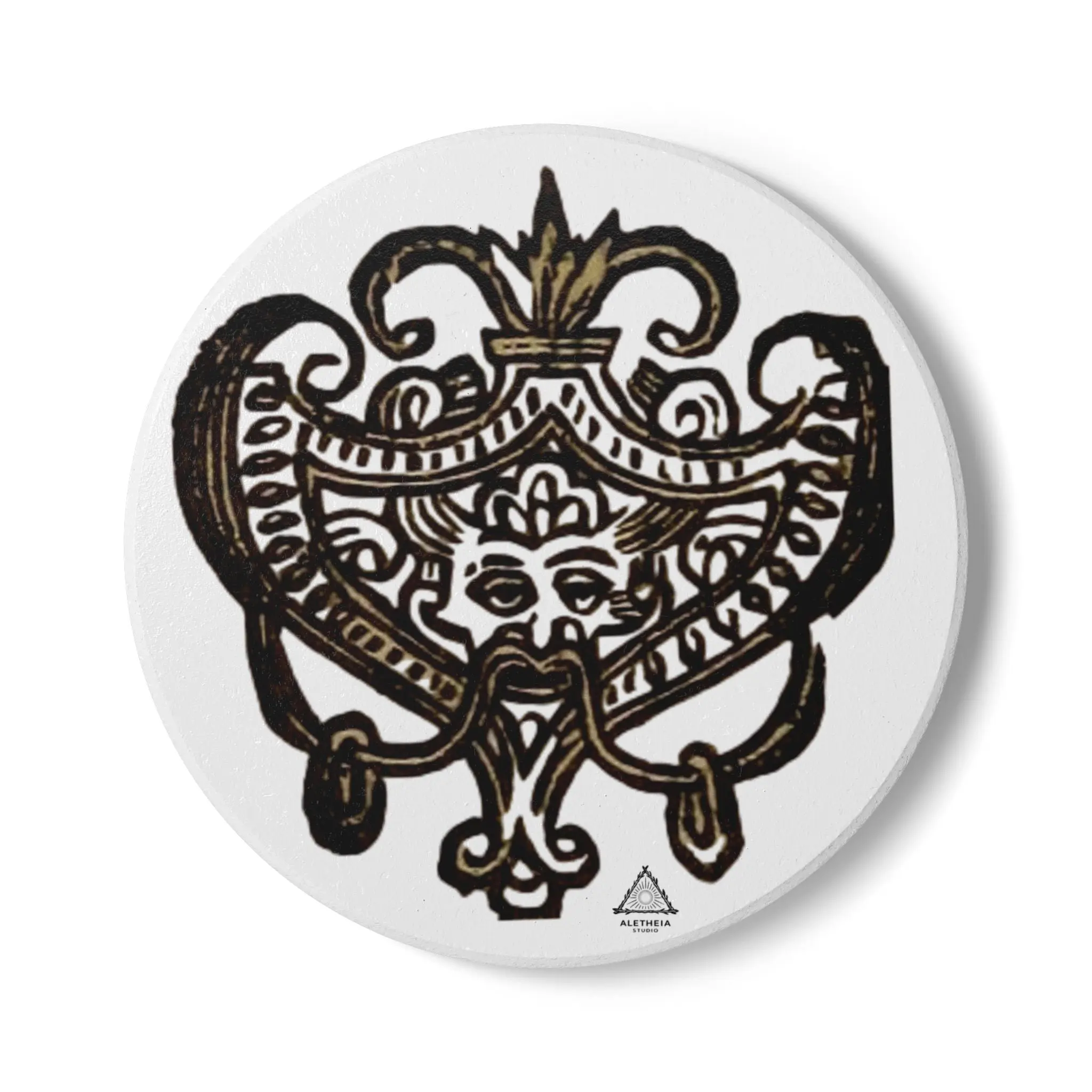 Vintage Fleur-de-Lis Ceramic Coaster — Ornate Gothic Mask Design