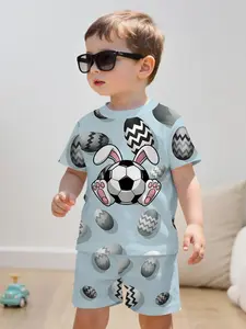 Easter Football Bunny Baby Boy Short Sleeve Shorts Set, Light Egg Print T-Shirt and Shorts Two-Piece Set, Casual Comfortable Round Neck, Baby Boy Clothes