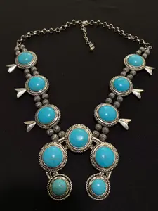 Western Turquoise Squash Blossom Statement Necklace -098