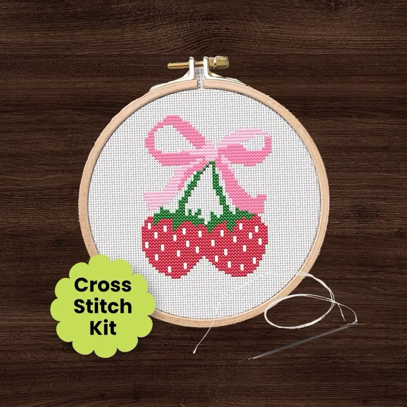 Strawberry Bow Counted Cross-Stitch Kit - Beginner Friendly, Sewing Tools Included, Relaxing and Fun for Adults, Great Gift for Family and Friends, Helps Reduce Stress