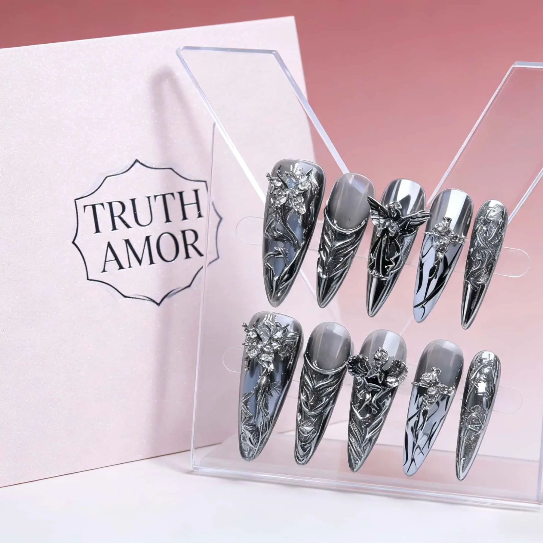 10pcs | TRUTH AMOR Dark Gothic Cool-Tone Silver Mirror Pressed On Nails, Glittering Fake Nails | Irregular 3D Metallic Ultra-Thin Seamless Explosive Sparkle Handcrafted Nails | Removable & Reusable | Must-Have for Nightclubs, Bedazzled kit