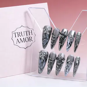 10pcs | TRUTH AMOR Dark Gothic Cool-Tone Silver Mirror Press-On Nails | Irregular 3D Metallic • Hot Girl Ultra-Thin Seamless Explosive Sparkle Handcrafted Nails | Removable & Reusable | Must-Have for Nightclubs, nail kit set、nail kit、Bedazzled kit