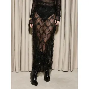 Fashionable and sexy semi-transparent mesh tassel sequin women’s slit midi skirt, high-waisted and fitted design, suitable for all seasons