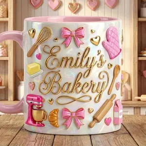 Personalized Baking Mug 2D Printed 3D Effect Coffee Cup, Custom Bakery Name Ceramic Mug with Cute Pink Mixer Design, Kitchen Aesthetic Keepsake for Baking Lovers Bakers, Unique Gift Idea for Her Women Friends Birthday Housewarming Present