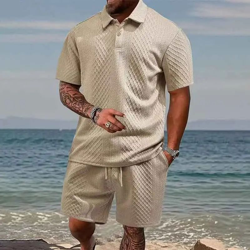 Men’s diamond texture polo set, summer waffle short-sleeve top and shorts two-piece set