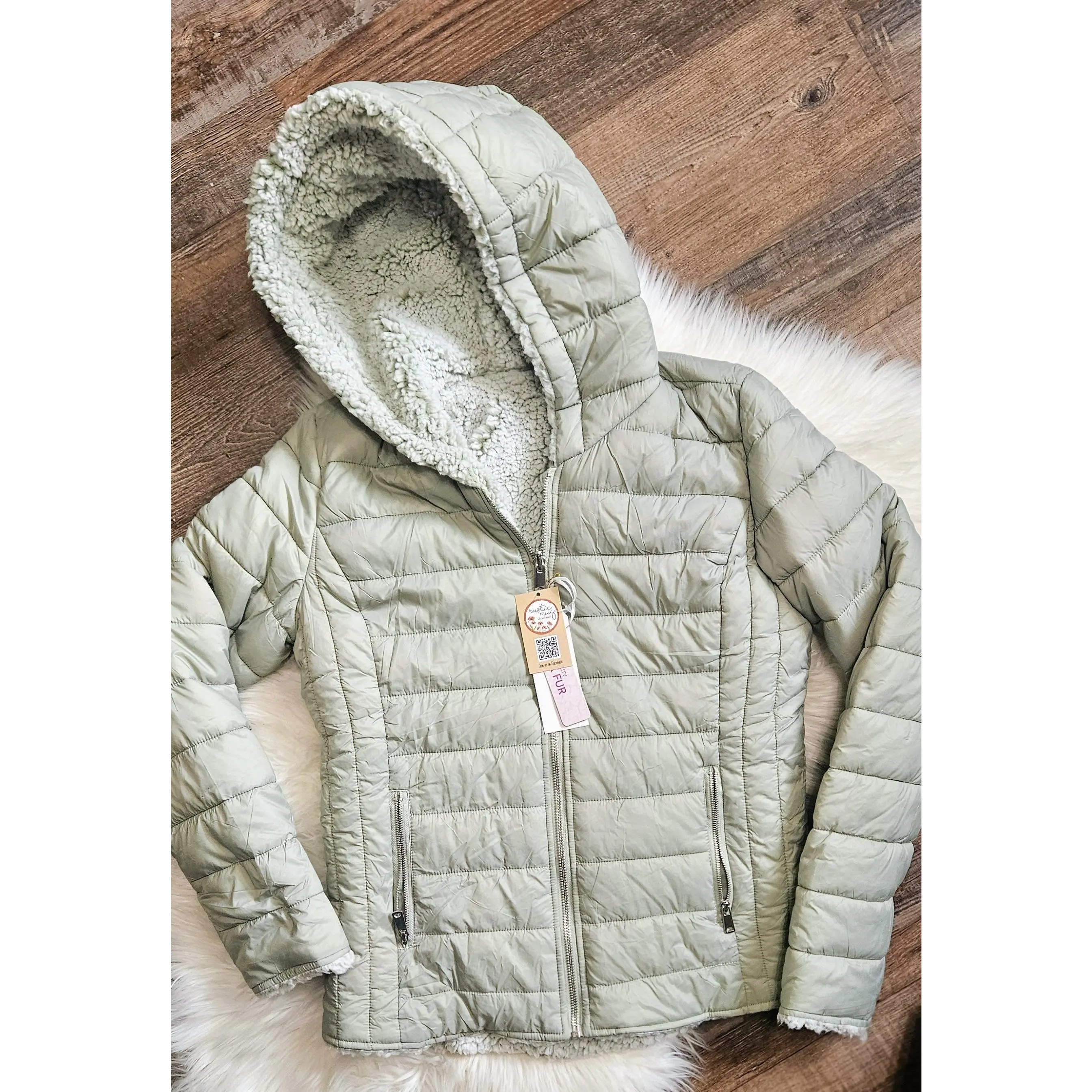 Reversible Hooded Puffer Coat Full Zip Sherpa Lined Pockets
