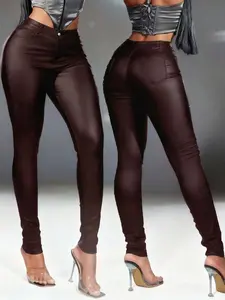 Women's Coated Skinny Long Pants, Elastic Fabric, Fitted Versatile, Spring 2026 New, Sexy Style, Button Fly, Pockets, All Seasons