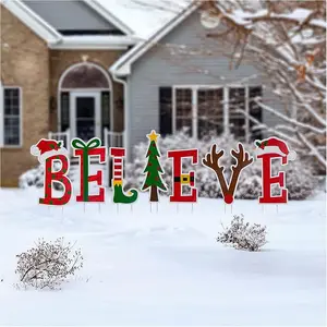 “23” Metal ‘Believe’ Christmas Yard Stakes | Premium Holiday Outdoor Decor | Red & White Lawn Sign Set” Glitzhome