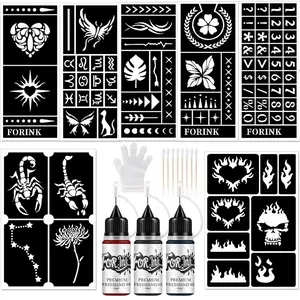 Temporary Tattoo Paint Set, 1 Set Including 7 Temporary Tattoo Stencils & 3 Tattoo Paints, Waterproof Temporary Body Art Tattoo Designs for Party, Temporary Fake Tattoo
