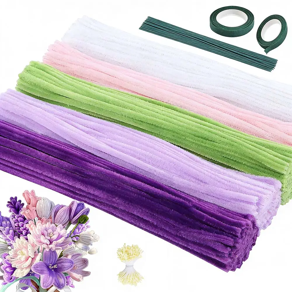 500 Pcs Assorted Color Chenille Stems Pipe Cleaners Bulk - 5-Color Set Including Purple DIY Craft Tool with Floral Wires, Gardening Tape & Stamen for DIY Bouquet Arrangement