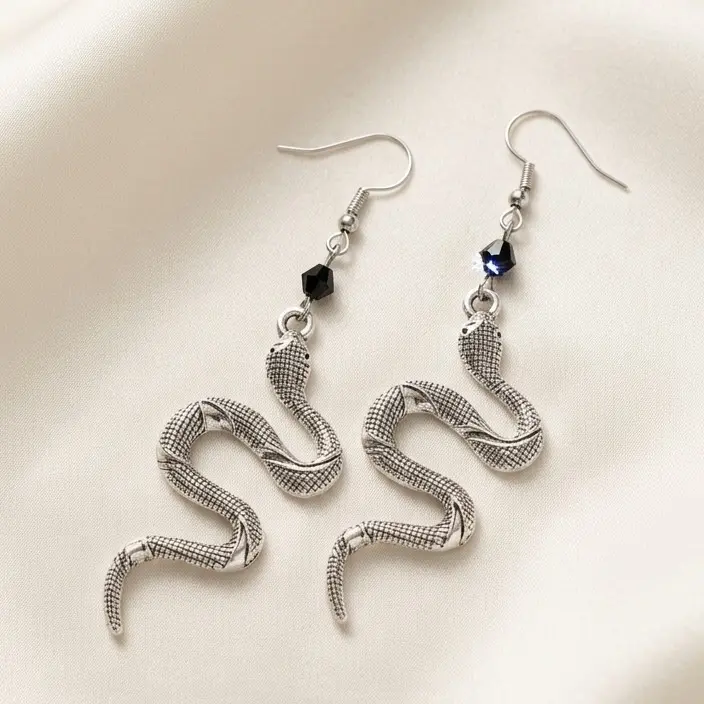 Snake Design Earrings with Silver Finish and Black Beads for Women's Fashion Jewelry