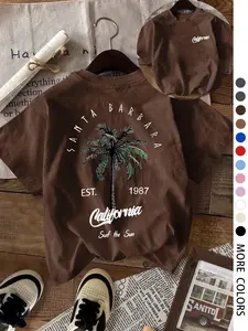 Women's Palm Tree Graphic Print Round Neck Tee, Casual Short Sleeve T-shirt for Summer, Ladies Clothes for Daily Wear, Top