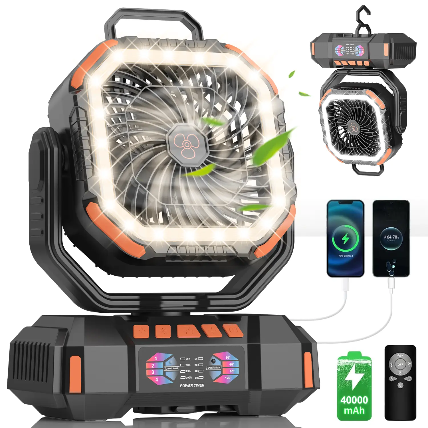 Rechargeable Camping Fan - 40000 mAh Lithium Portable Multifunctional Collapsible Device, 4-Speed Adjustable Speed, 3-Color Temperature Nightlight, Tent Hook, USB-A, Ideal for Power Outages, Travel, Portable Multifunctional Fan