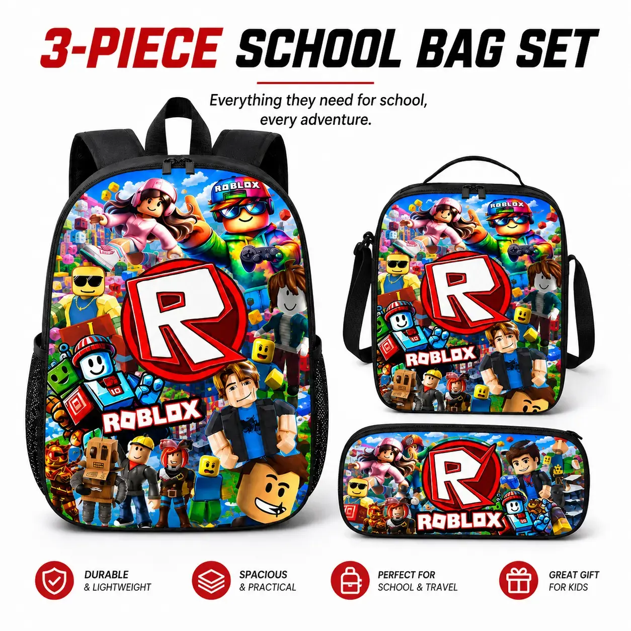 3-Piece 3-in-1 Child-Sized Backpack Set - Large-Capacity Lightweight Backpack with Adjustable Straps, Zipper Closure, Included Lunch Bag, Pencil Case, 3-In-1 Backpacks, Child Sized Backpacks Storage bag