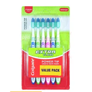 Colgate Extra Clean Medium Bristles Toothbrush Adult Manual Toothbrush 6 Count Value Pack Power Tip Cleans Back Teeth Assorted Colors
