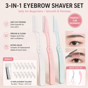Foldable Cosmetic Dermaplane Razor Set - 3 Razors, 10 Refills, Free Eyebrow Grooming Kit with Scissors, Safe Micro-Guard for Hair Removal, Lightweight Pastel Design, Makeup-Friendly Storage for Flawless Daily Peach Fuzz Removal