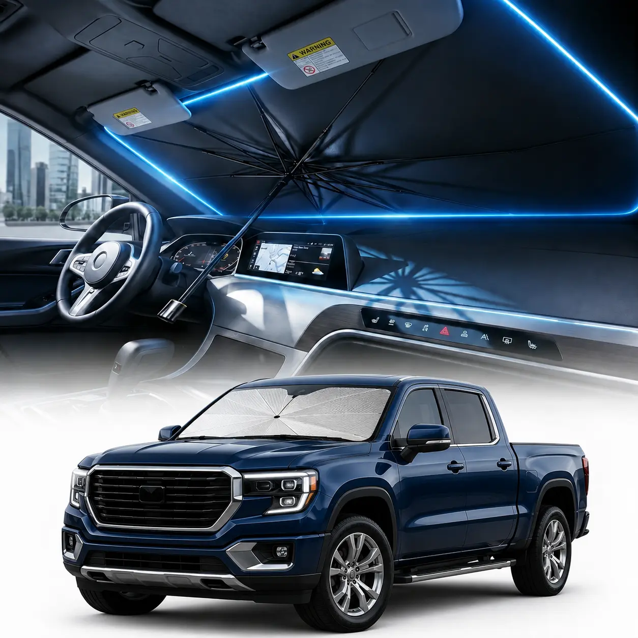 Upgraded Reflective Car Windshield Sunshade Umbrella, Large Foldable Pop-Up Auto Front Window Heat Insulation Cover, 99% UVA-UVB Blocker Cooling Anti-Aging Shield for Sedan SUV, Portable Summer Cars Accessories, Foldable Windshield Sunshade Front Window