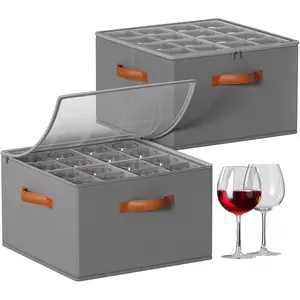 Glass Storage Box with Dividers, 2 Pack Glassware Storage Containers, Stemware Storage Cases Holds 32  Glasses, Stackable  Storage Containers with Clear Cover for Moving,Gray