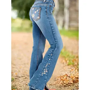 Women'S Stretch Flare Jeans with Embroidered Star Design, Slimming Peach Lift, Versatile All-Season Wear, Classic Washed Blue Denim Bell Bottoms - No Belt Included, Maturer Styling Jeans | Bellbottom Silhouette | Sleek Fabric Finish