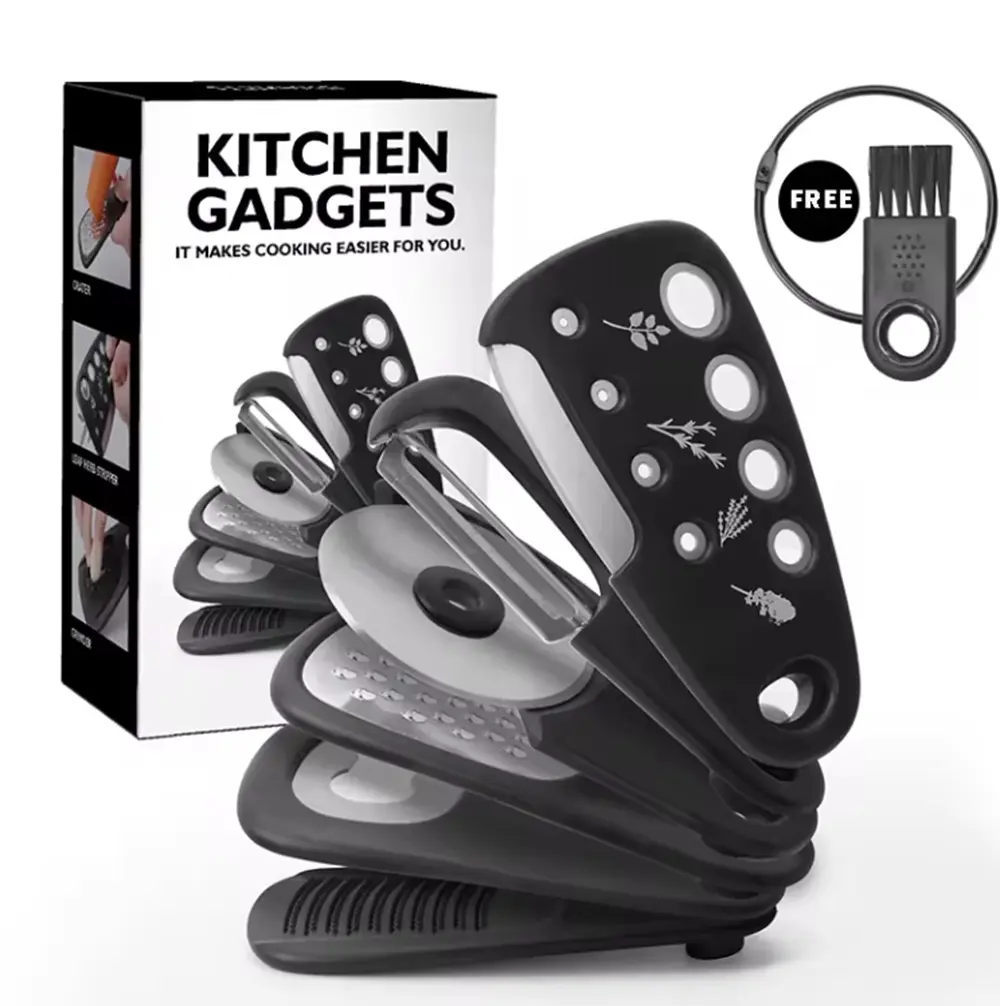 TIKA 6-Piece Kitchen Gadget Set, Space-Saving Cheese Grater, Bottle Opener, Peeler, Pizza Cutter, Grinder and Herb Stripper