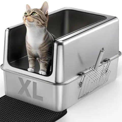 IPOW XXL Extra Strong 5-Buckle Stainless Steel Litter Box, Double-Layered Odor Control Mat, Scoop, Anti-Slip Base, Easy-Clean for Large/Medium Cats