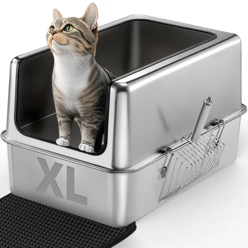 IPOW XXL Extra Strong 5-Buckle Stainless Steel Litter Box, Double-Layered Odor Control Mat, Scoop, Anti-Slip Base, Easy-Clean for Large/Medium Cats