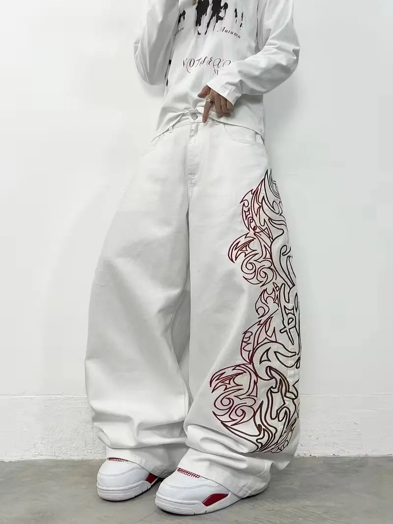 Unisex White Red Tribal Flame Print Loose Wide Leg Jeans Y2K Grunge Streetwear Oversized Denim Pants