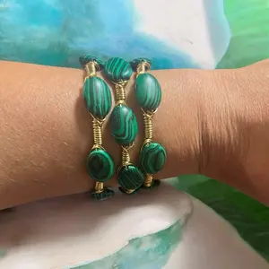 Malachite Gold Brass Bangle with Green Gemstone Beads for Women's Fashion Jewelry