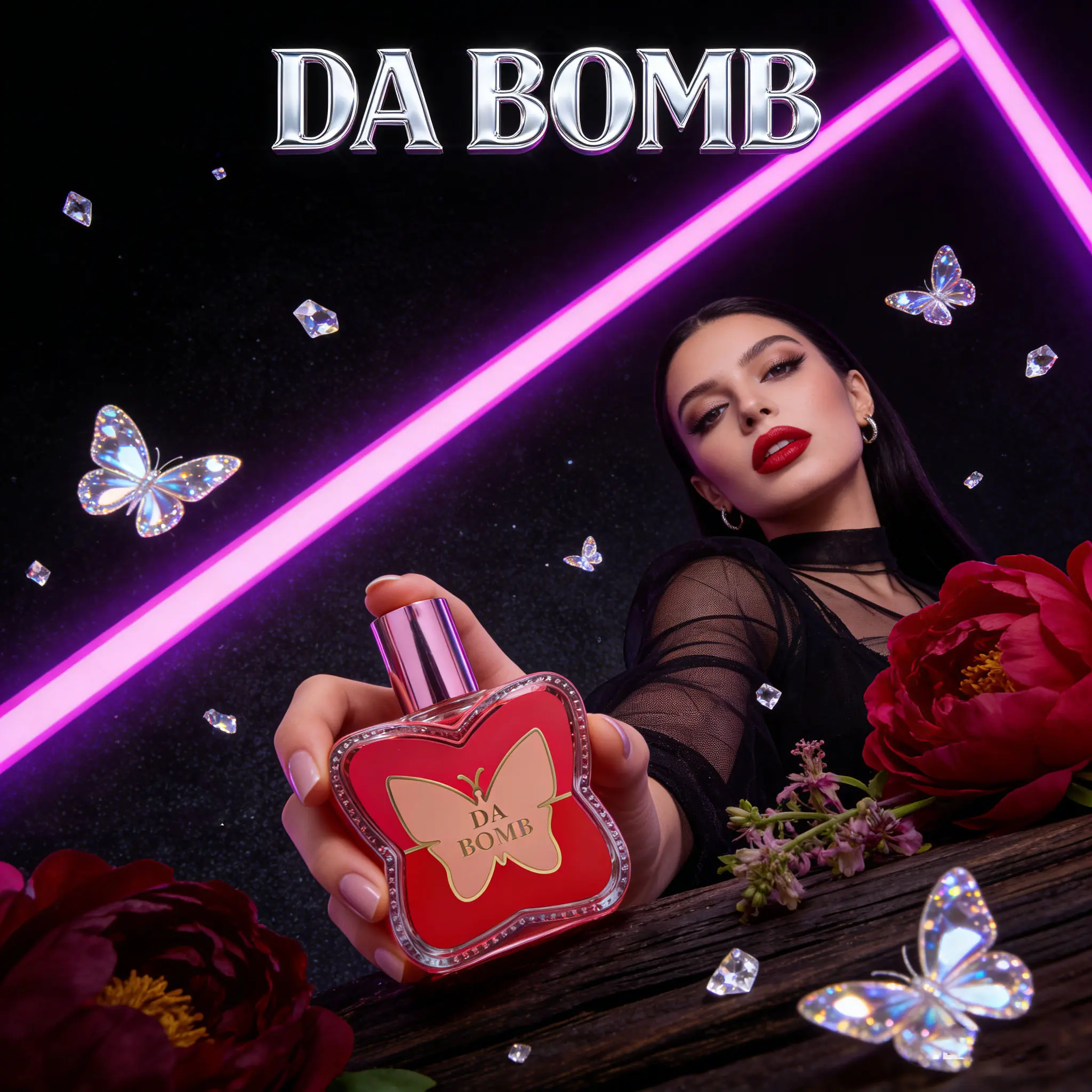Da Bomb Perfume - Red Butterfly Design with Glittering Details and Floral AccentsDa Bomb - Madame Butterfly Female Perfume, 3.3oz Sweet Peony Floral Lasting Fragrance for Women, Perfect for New Year And Valentine's Day