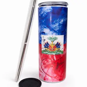 Tumbler Cut with Haitian Flag Design and Stainless Steel Straw