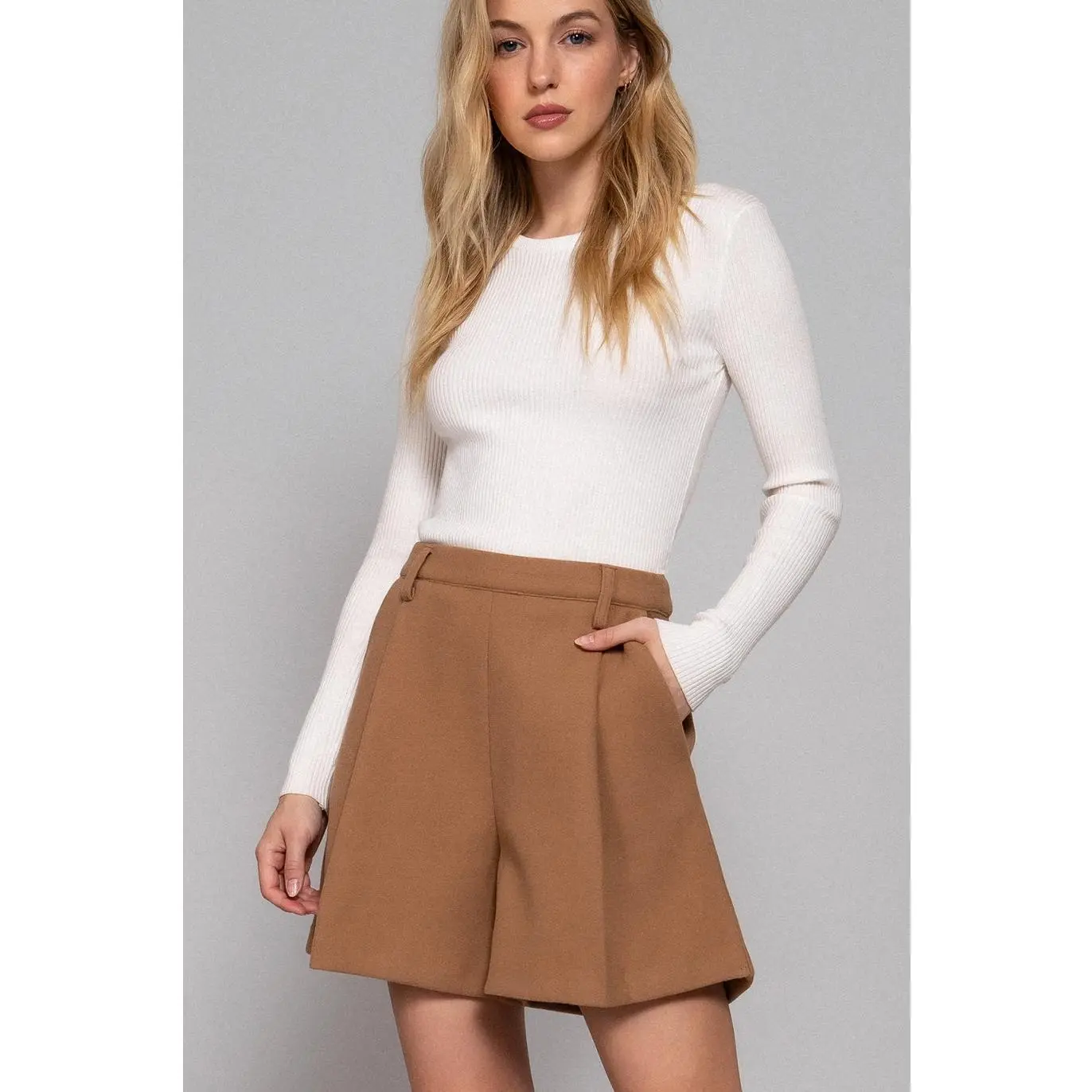 Pleated Soft Short Pants Sleeve Womenswear Felt 100% Polyester Long Sleeve Felt Jacket Dressy Shorts Winter Fall A-line Shorts Trending Back to School Office Wear Apparel Casual