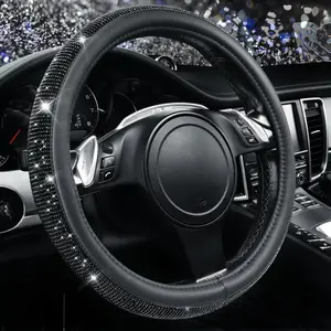 B BRAZIFY Bling Diamond Leather Steering Wheel Cover, With Sparkly Crystal Glitter Rhinestones Universal Fit 14"1/2-15" Car Wheel Protector for Fit Suvs,Van,Sedans,Car,Trucks,Breathable Leather Steering Wheel Cover Carbon Fiber Steering Wheel Spoke Covers