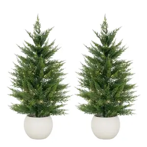 Artificial Cedar Topiary Tree, 2PCS Faux Evergreen Shrubs with White Pot, Fake Cypress Potted Greenery for Front Door Patio, Decor, Plants