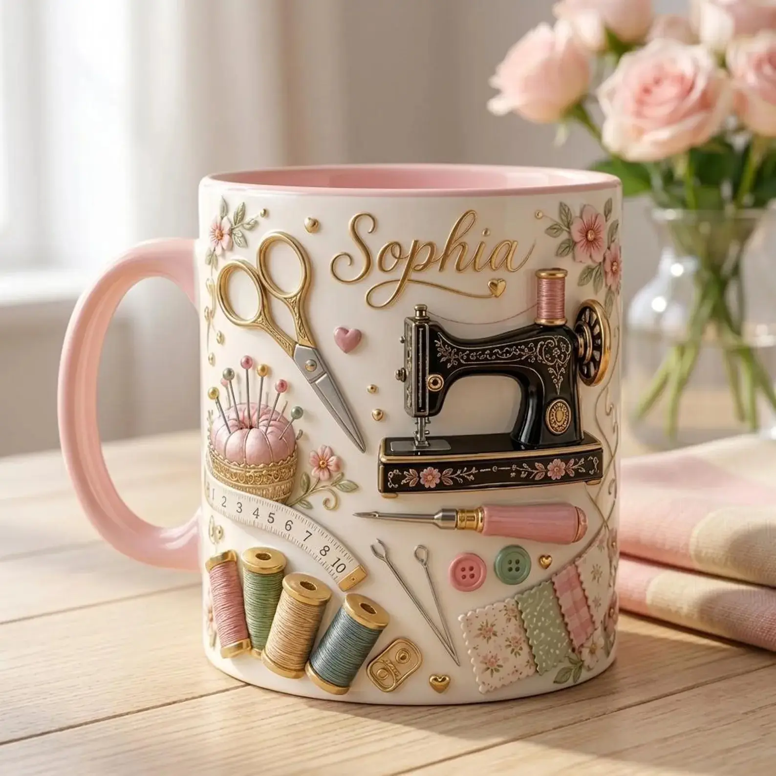 Personalized Sewing Mug, Custom Name Craft Tools Illustration Cup, Seamstress, Quilting Art Coffee Mug