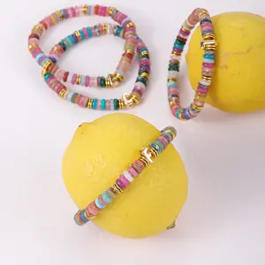 Customizable Initial Bracelet with Popular Bubble Letters – Colorful Semi-Precious Stone Beads & Gold Tone Charms Stretch Boho Stackable Bracelet Trendy Waterproof Jewelry Gift for Women