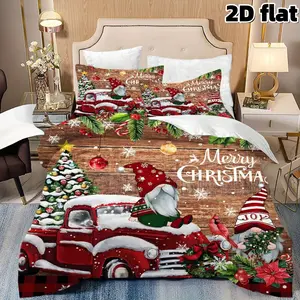 2D Flat 3Pcs Christmas Bedding Vintage Red Truck Gnome Pattern Duvet Cover Rustic Wooden Background Winter Holiday Bedding Collection Merry Christmas Themed Soft Microfiber Quilt Cover with 2 Pillowcases Bedroom Home Decoration Gift Bedding Set