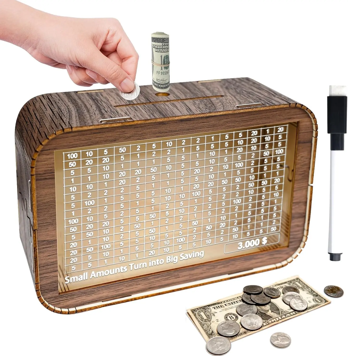 Cash Vault Wooden Savings Box,Countdown Money Vault Saving Box,Money Bank with Money Target Piggy Bank Spring Gifting for Home Storage Organizer