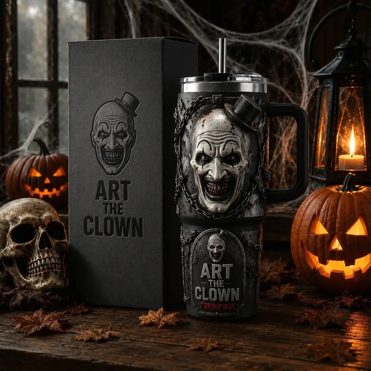 OceanSip4U Art the Clown Terrifier 40oz Stainless Steel Tumbler with Handle, Vacuum Insulated Travel Mug, Horror Movie Clown Cup, Halloween Tumbler, Gift for Horror Fans