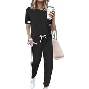 Women 2-Piece Summer Outfit Set – Striped Short Sleeve Lounge Tracksuit with Pocket