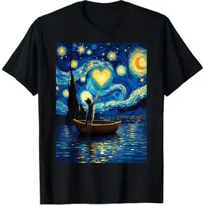 Cotton Short Sleeve Starry Night Cat Lover Graphic Van Gogh Inspired Artwork All Seasons Round Neck Tops Tees T-Shirts Daily Wear For Men Women Basic