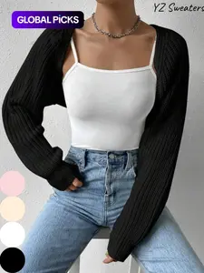 Women's Solid Long Sleeve Open Front Crop Cardigan Knitwear, Casual Solid Knit Cover Up for Daily Wear and Vacation, Ladies Outerwear for All Seasons