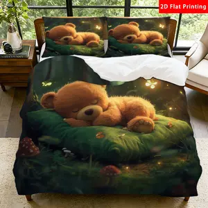 2/3 Pcs 2D Flat Forest Dreaming Teddy Bear Duvet Cover Set Teddy Bear Bedding Set Quilt Cover 1 Duvet Cover + 1/2 Pillowcases Forest Teddy Bear Top Sheet Decorative Bedding Bedroom Decor